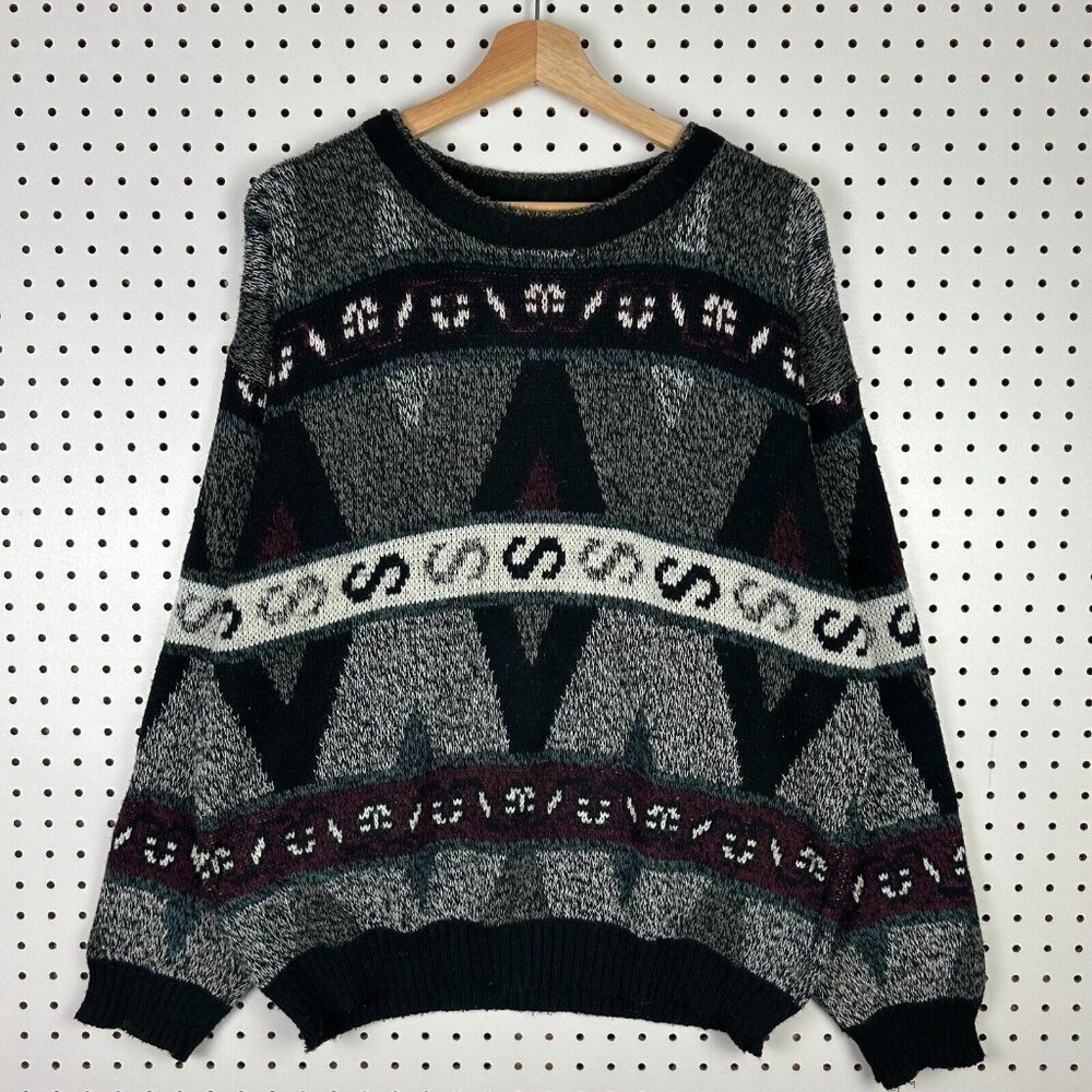 Expressions Abstract Aztec Knit Sweater Large Black Multicolor Chunky Cosby 90s‎